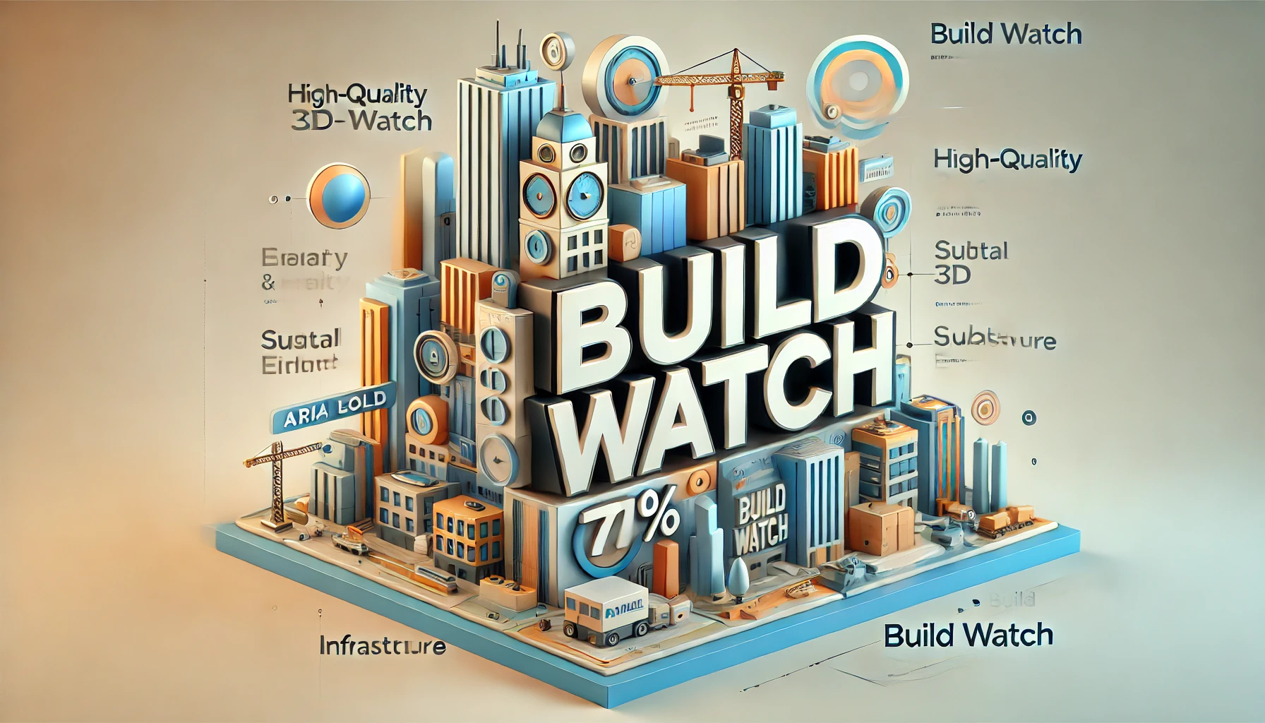 DALL·E 2024-09-09 18.05.05 - A high-quality, 3D-like image for the heading 'BUILD WATCH,' with the text covering 70% of the image at the top center in Arial bold font, and the hea