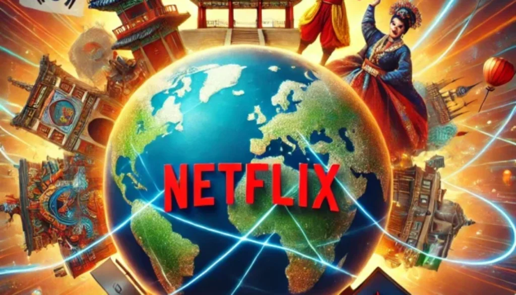 DALL·E 2024-12-21 23.41.54 - An artistic illustration representing Netflix's global reach through localized content strategies. The image shows a globe with vibrant threads connec
